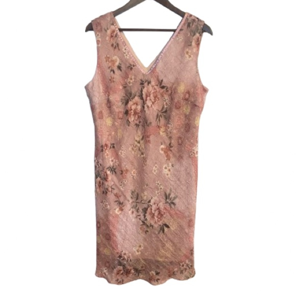 R&M Richards Romantic Pink Mauve Floral Midi Dress with Embossed Flowers